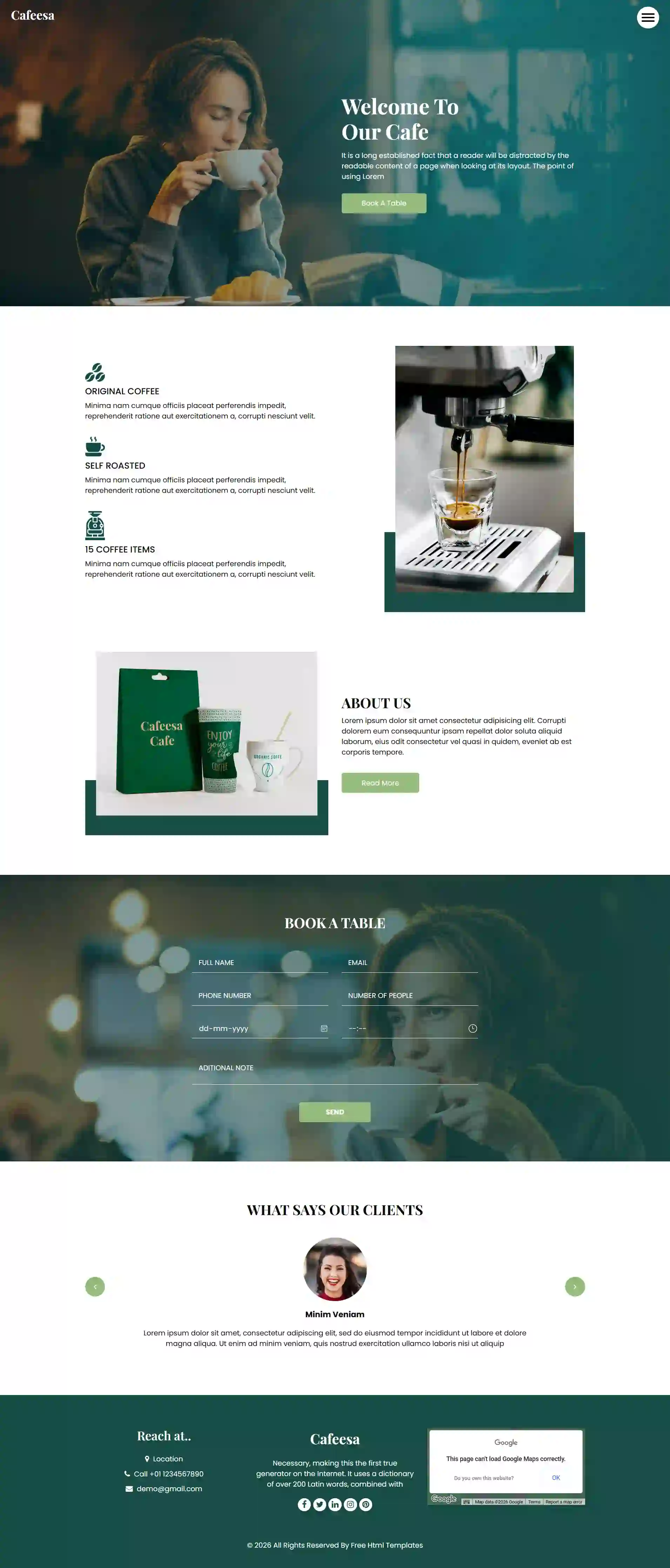 Before cafe website with outdated design and weak ordering experience