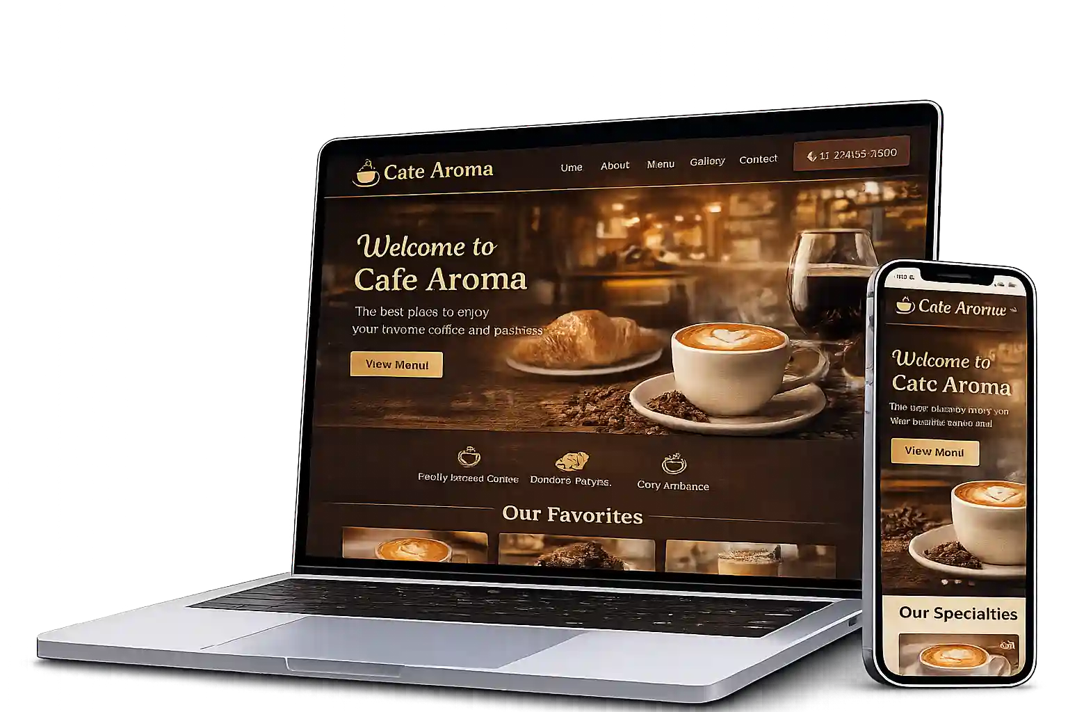 Café website on laptop with menu showcase and online orders