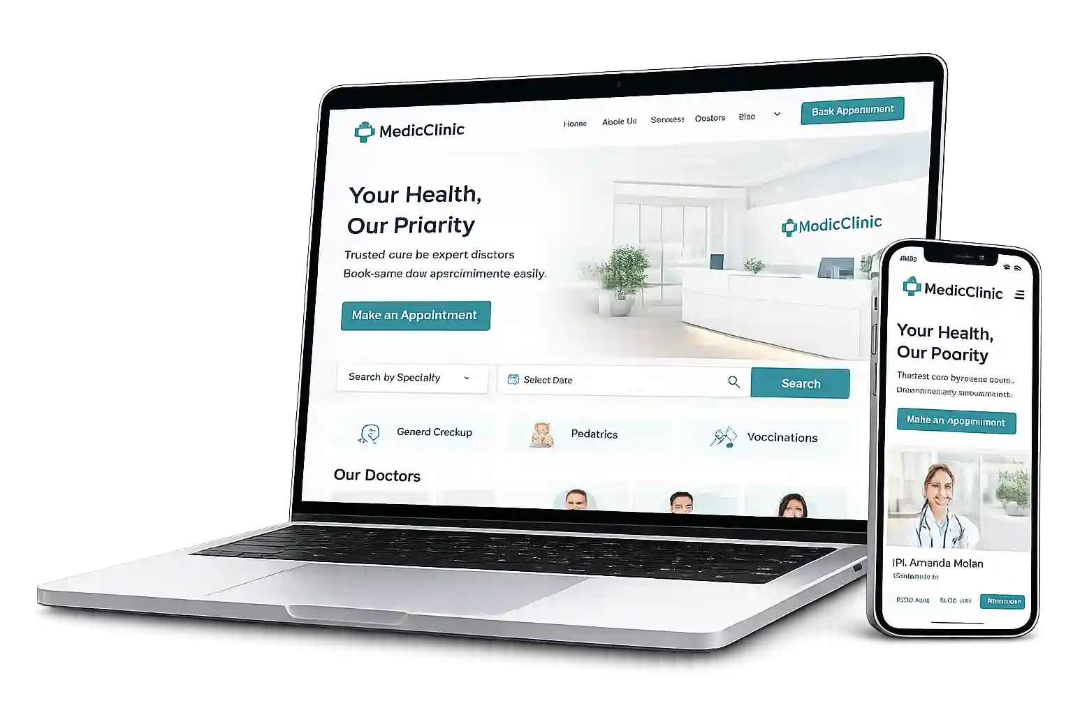 Clinic website on laptop with doctor profiles and online appointment booking