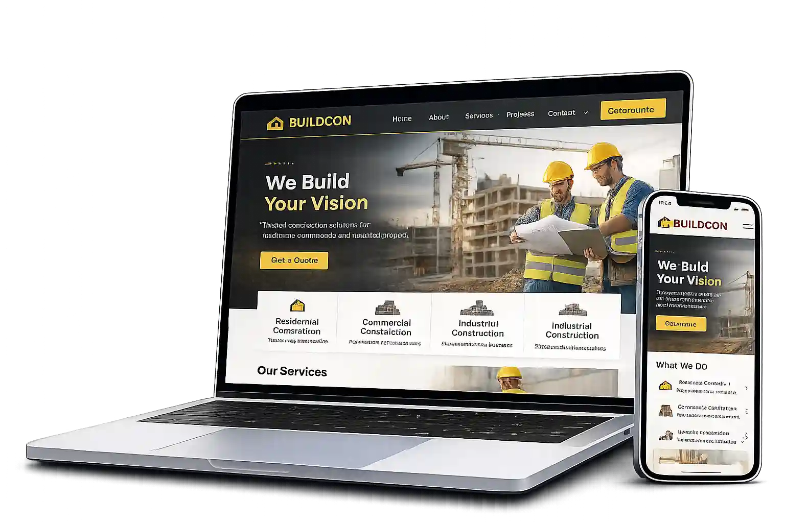 Construction website on laptop with project portfolio and quote request forms