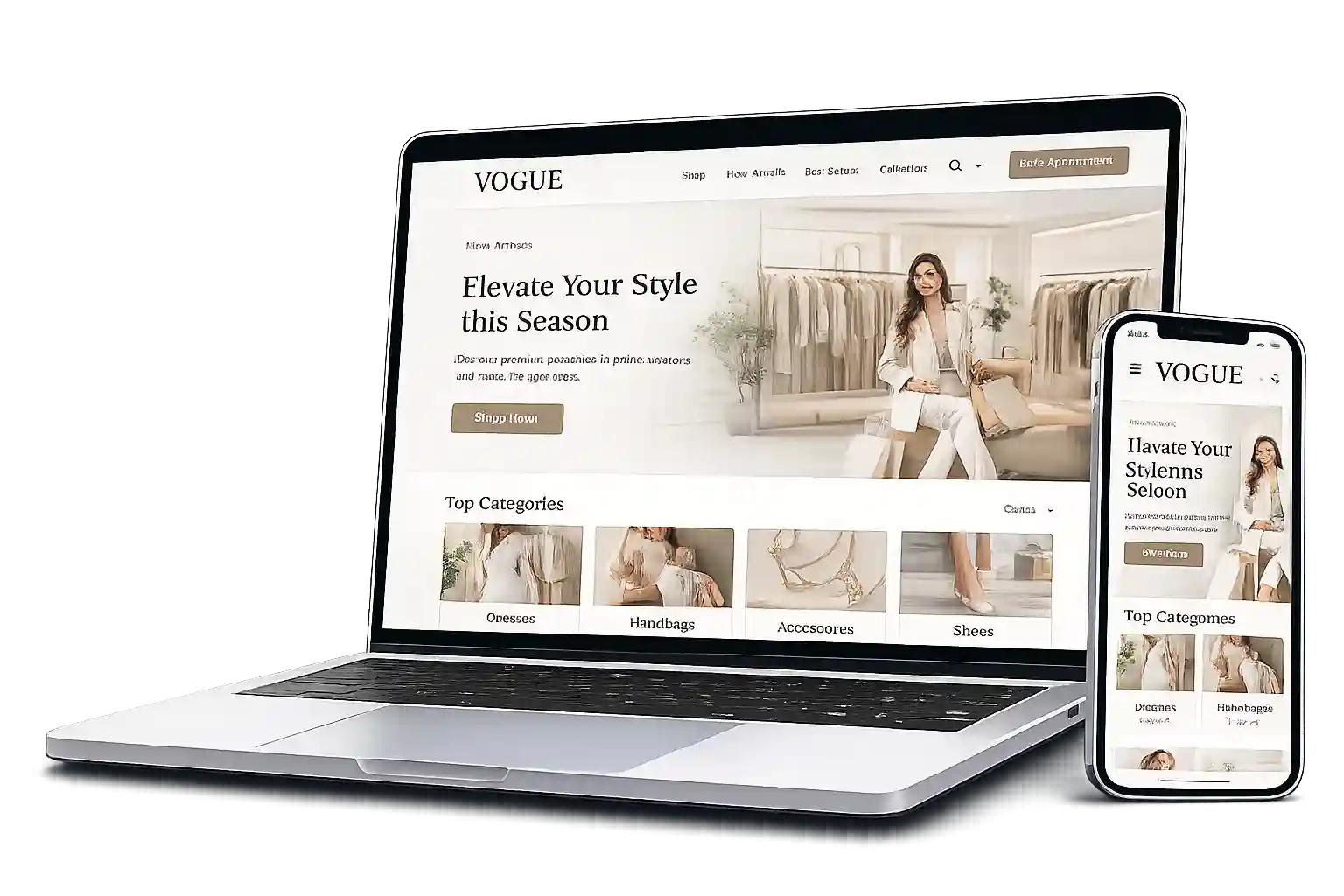 Fashion eCommerce website on laptop with product catalog and checkout