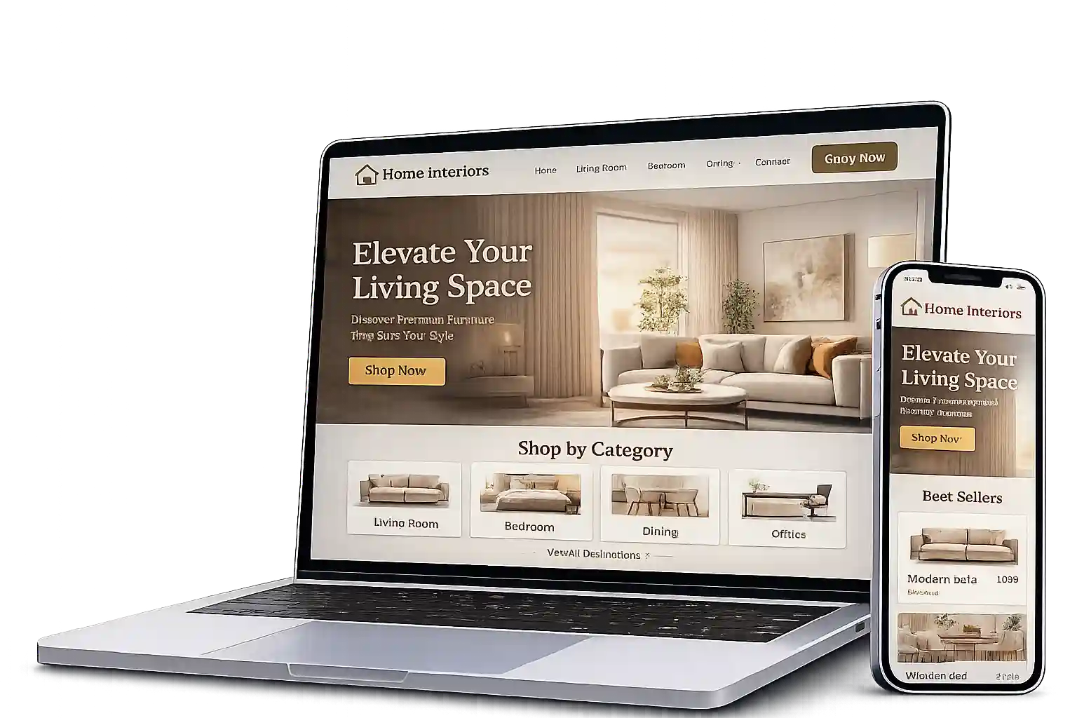 Furniture website on laptop with product catalog and shopping cart