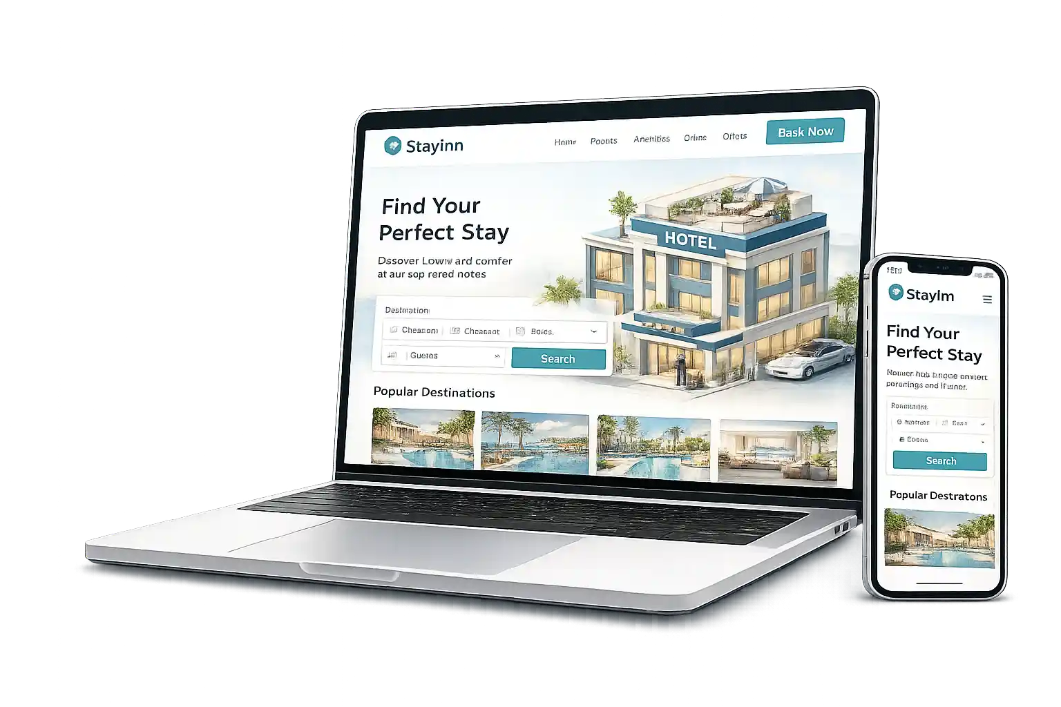 Hotel website on laptop with room showcase and direct bookings