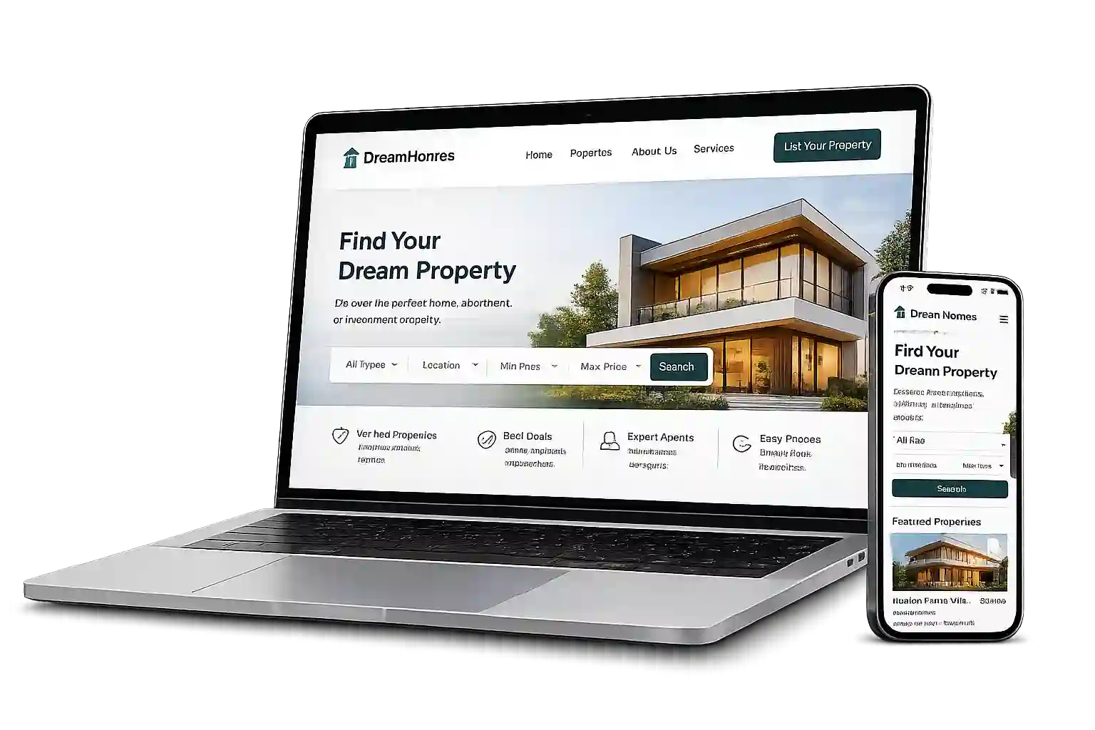 Real Estate Website Development laptop view with property listings, property search filters, and WhatsApp lead forms