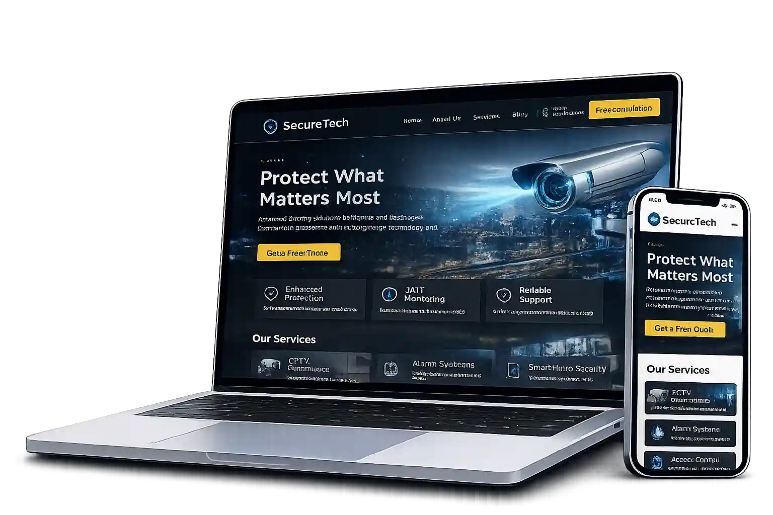 Security agency website on laptop with services and enquiry forms