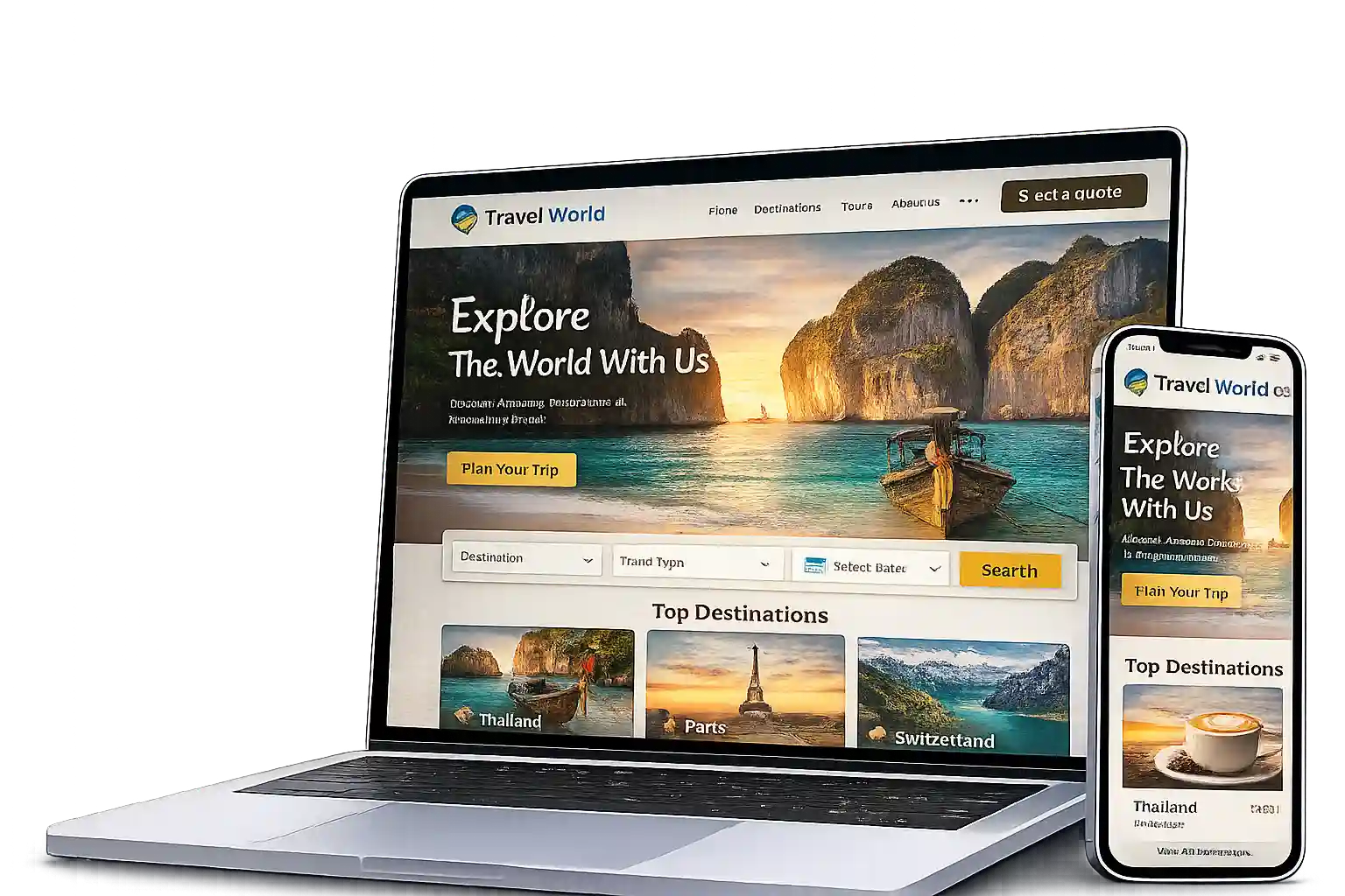 Travel website on laptop with tour packages and booking enquiry forms